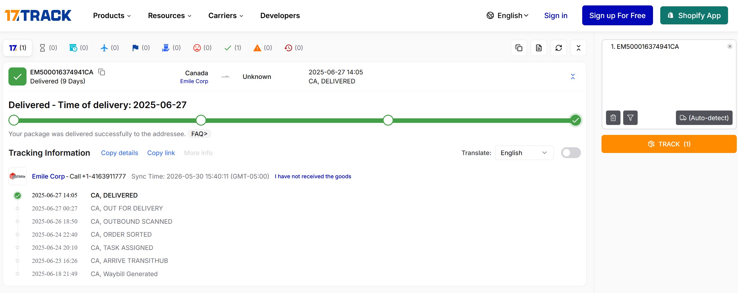 17track.net showing AliExpress tracking data from both China-side and Canada Post in one view