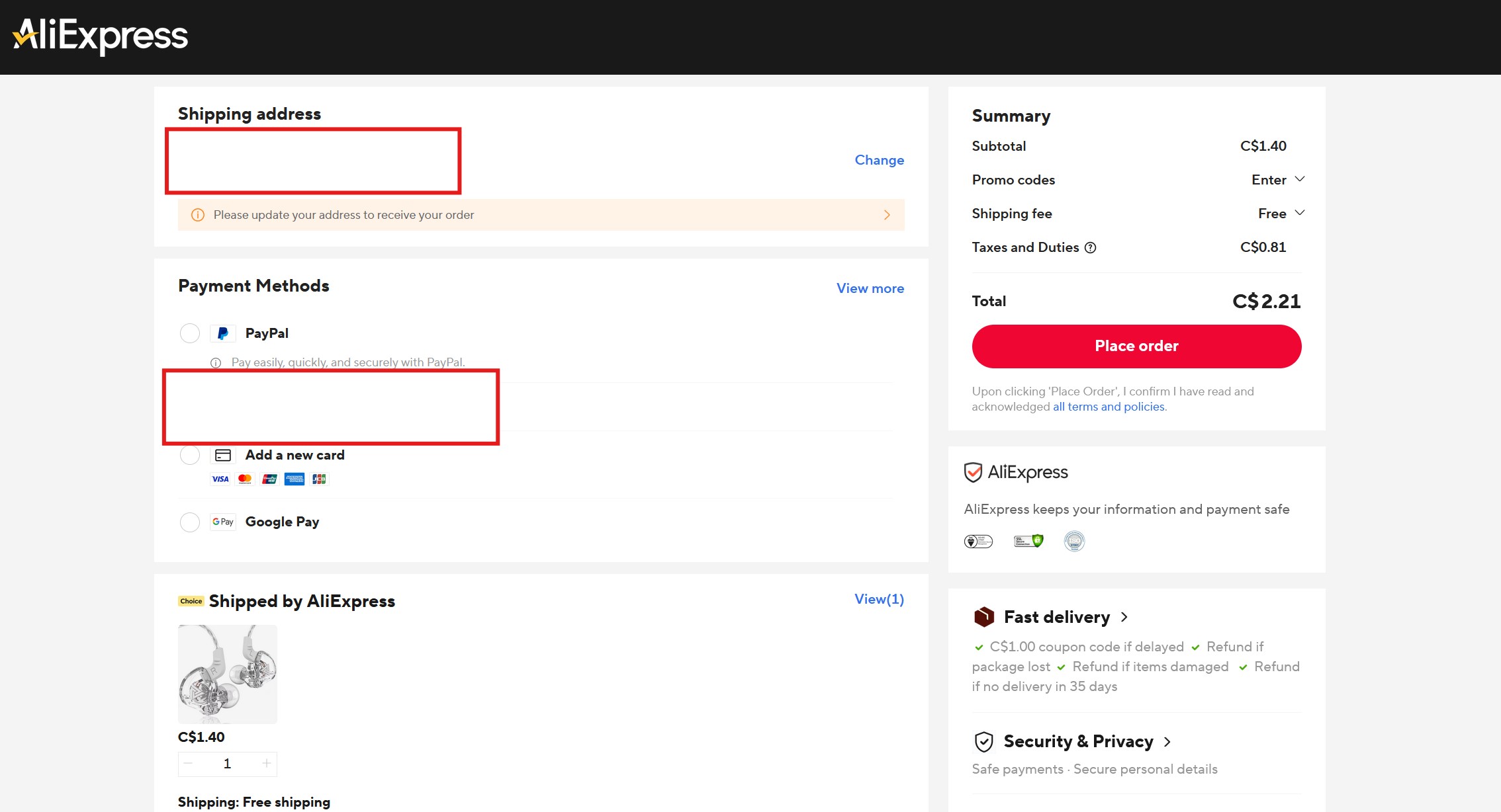 AliExpress checkout showing shipping method options with estimated delivery dates to Canada