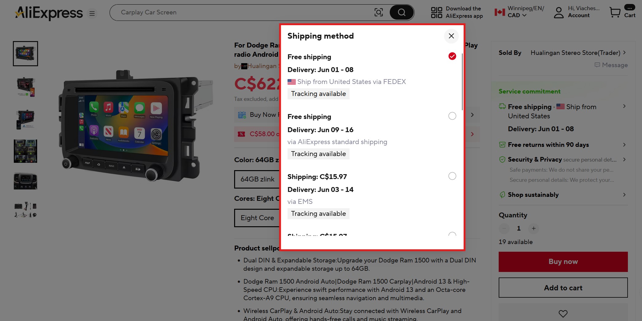 AliExpress product page with Ship From Canada option selected and updated delivery date